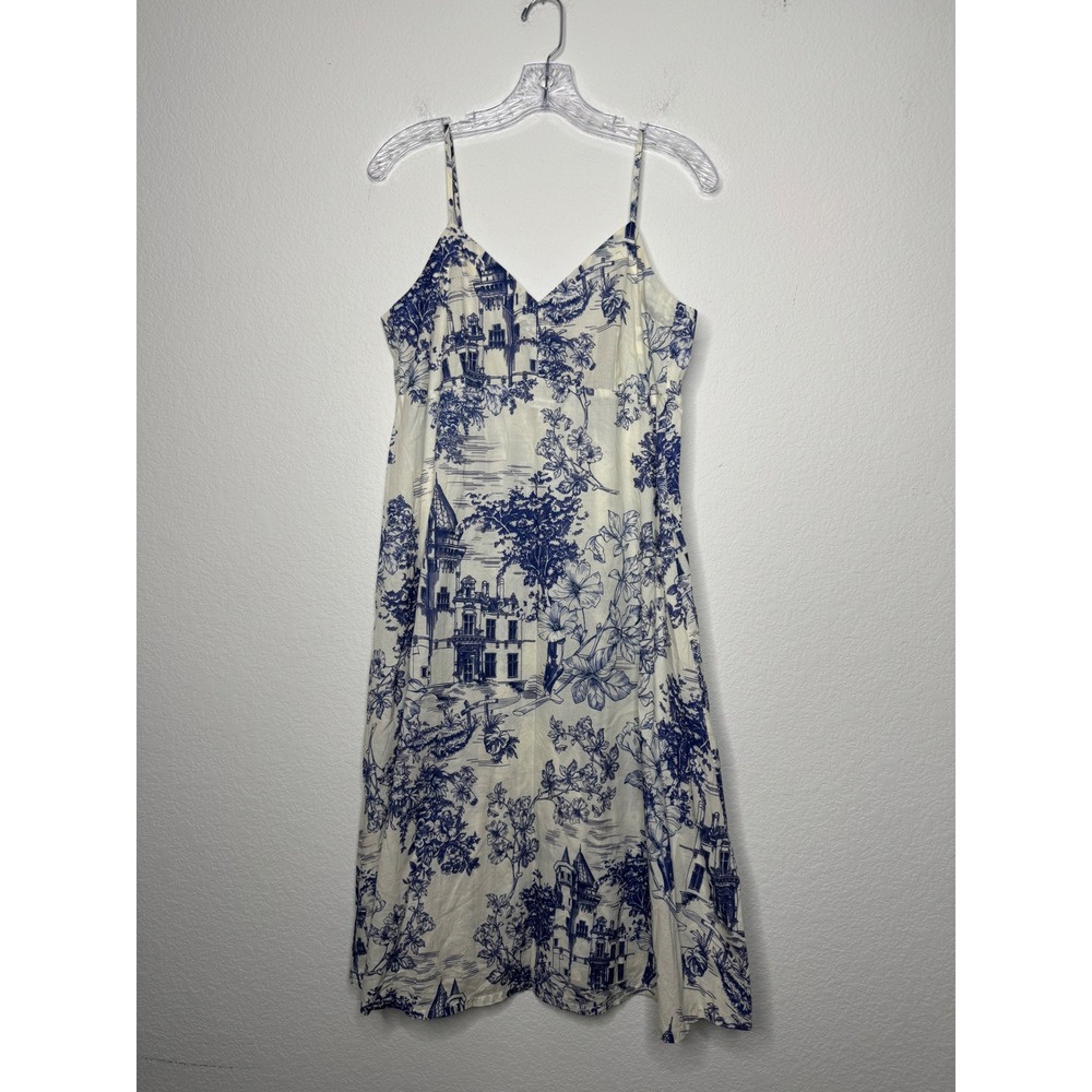 Johnny Was House on the Hill Blue‎ White Toile Sweetheart Neck Midi Dress Size M
